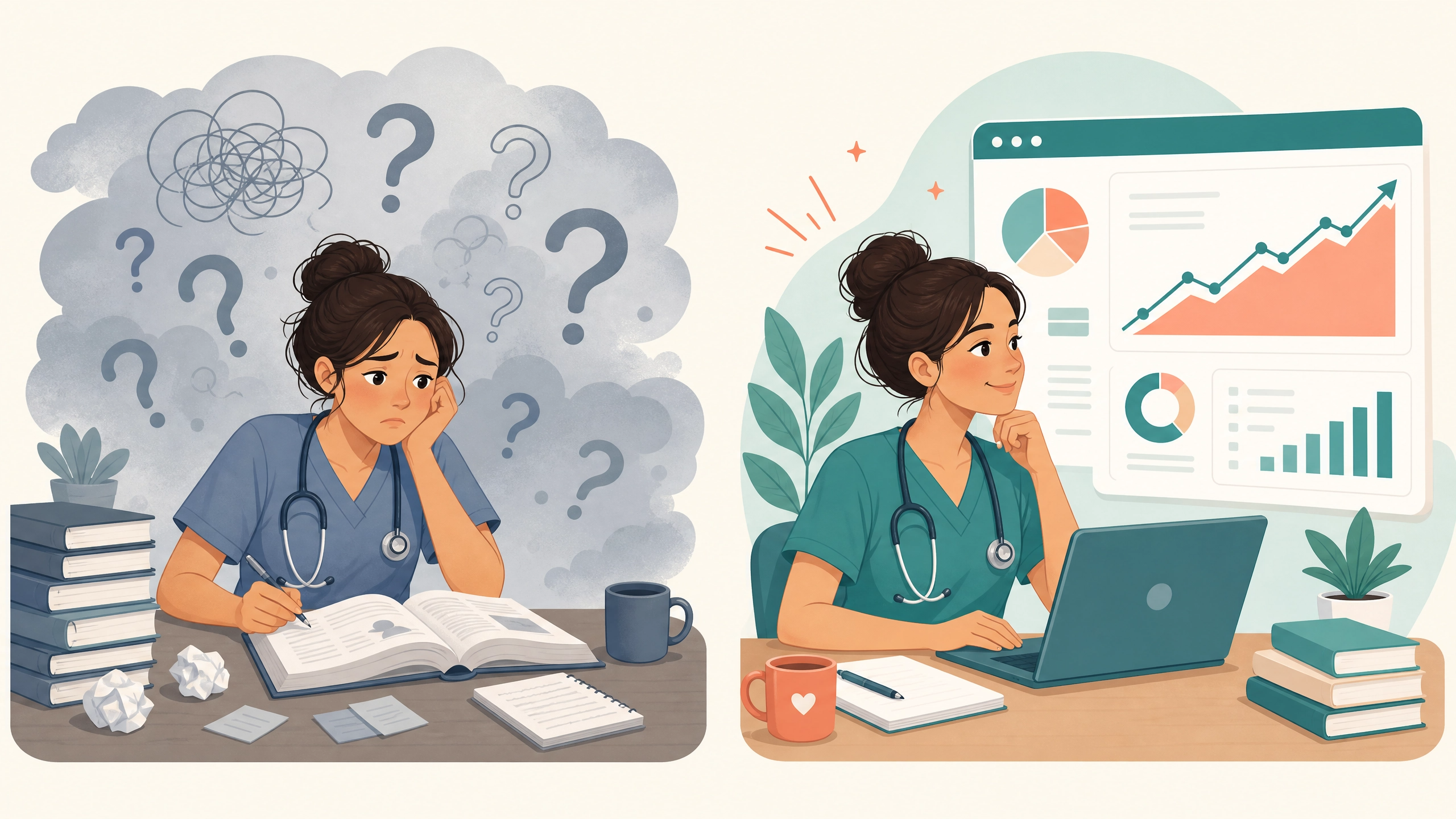 Illustration showing the shift from guessing to knowing by tracking nursing school progress with a system