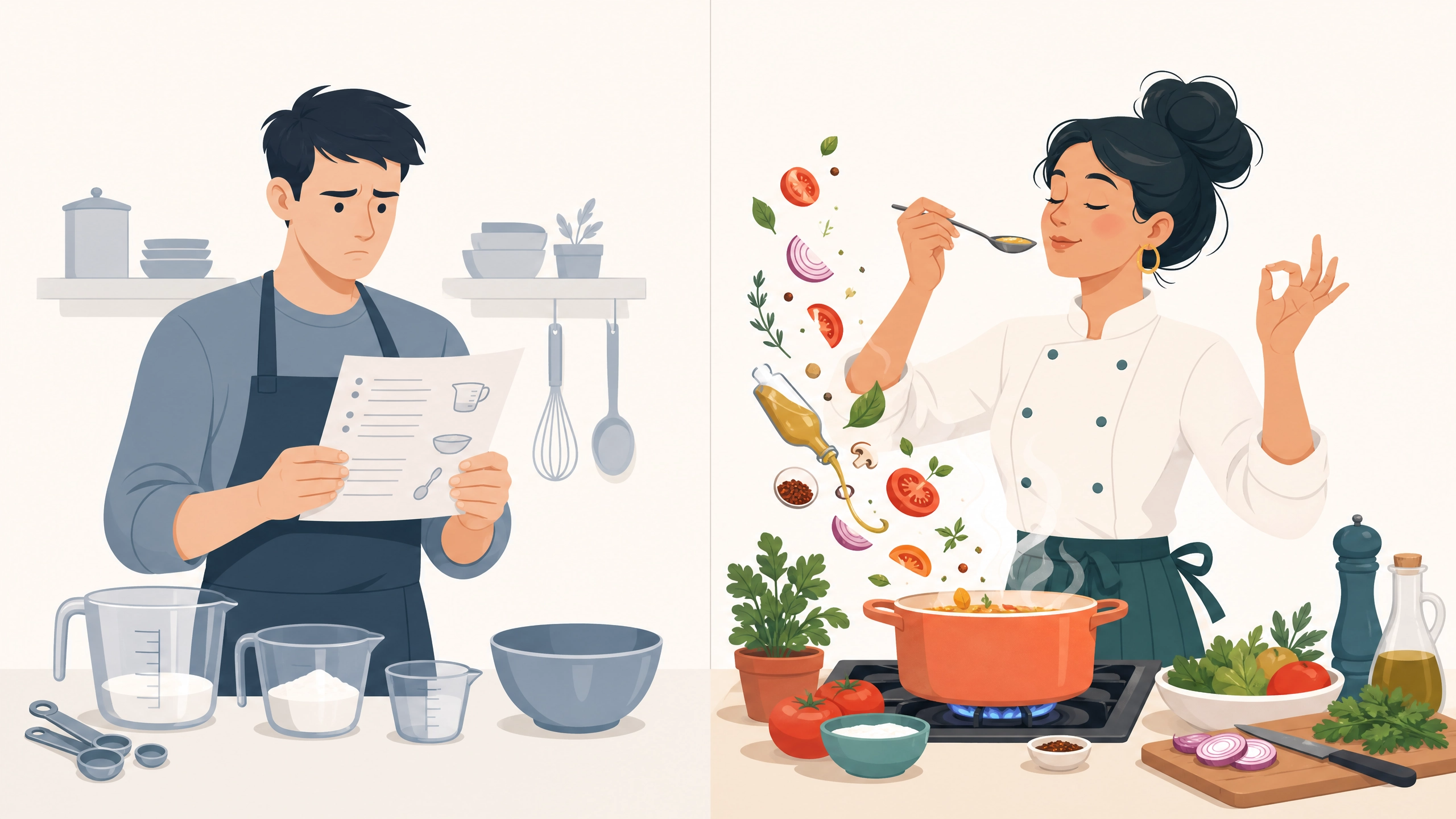 Illustration comparing memorization to clinical judgment, like following a recipe versus knowing how to cook for NCLEX preparation