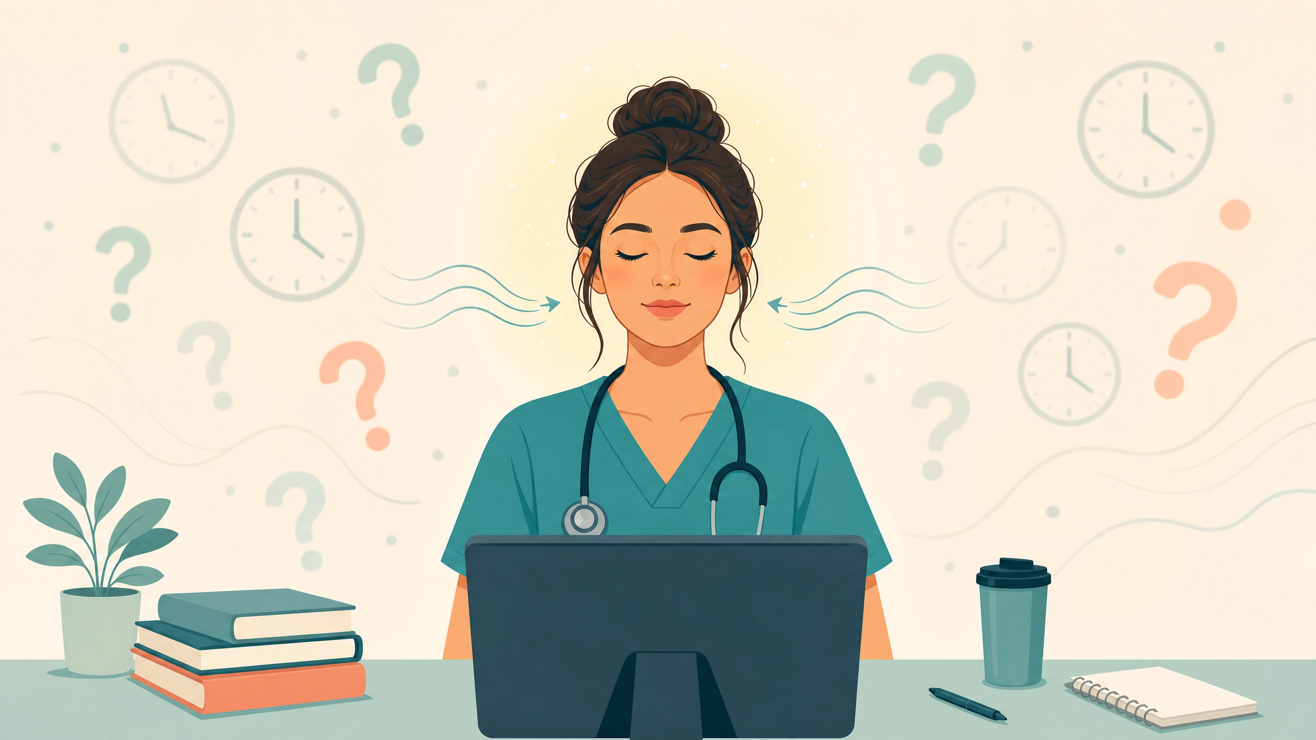 Nursing student practicing deep breathing to manage NCLEX test anxiety during the computerized adaptive test