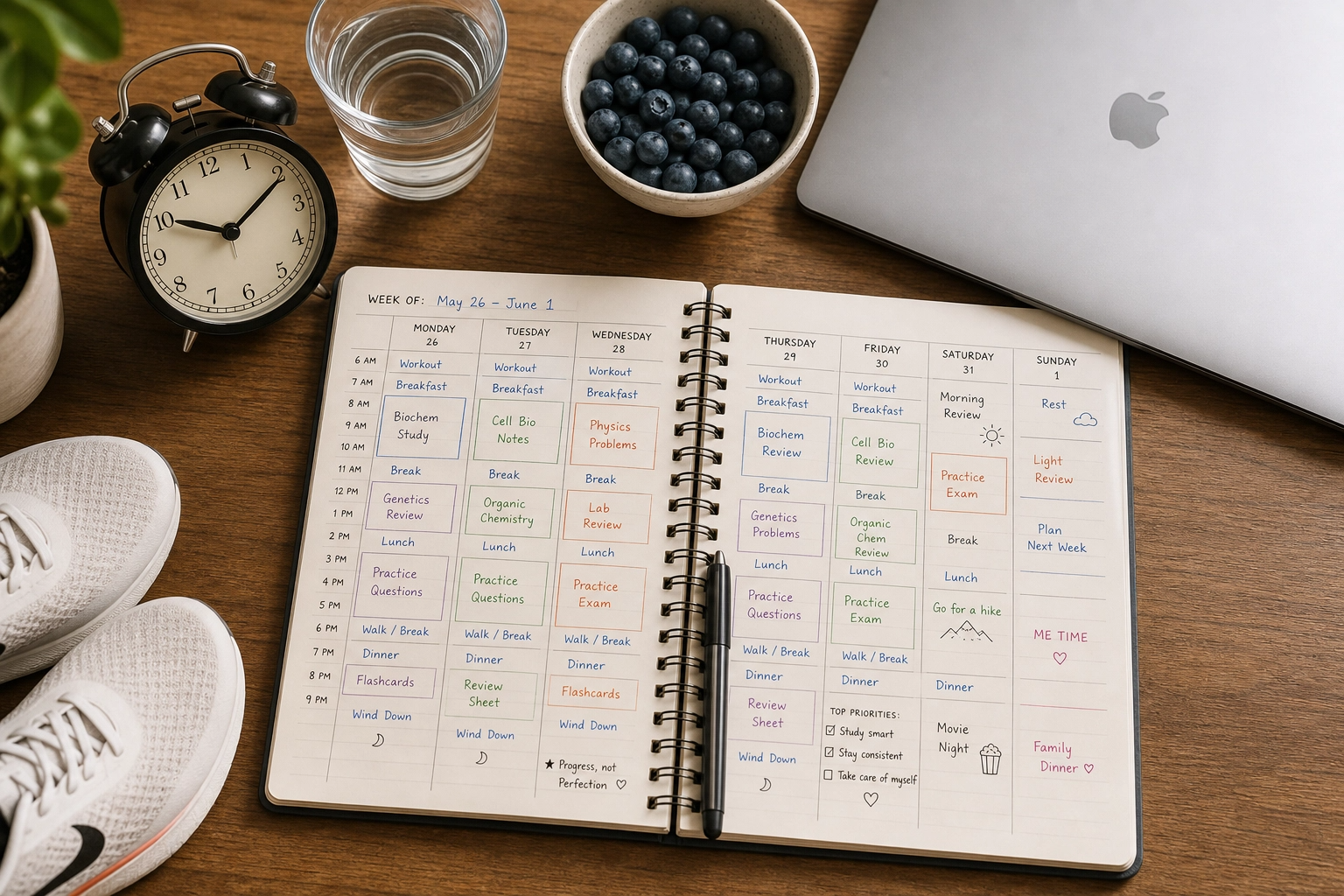Two-week NCLEX study planner laid out with healthy snacks and exercise gear, illustrating balanced final-stretch preparation.