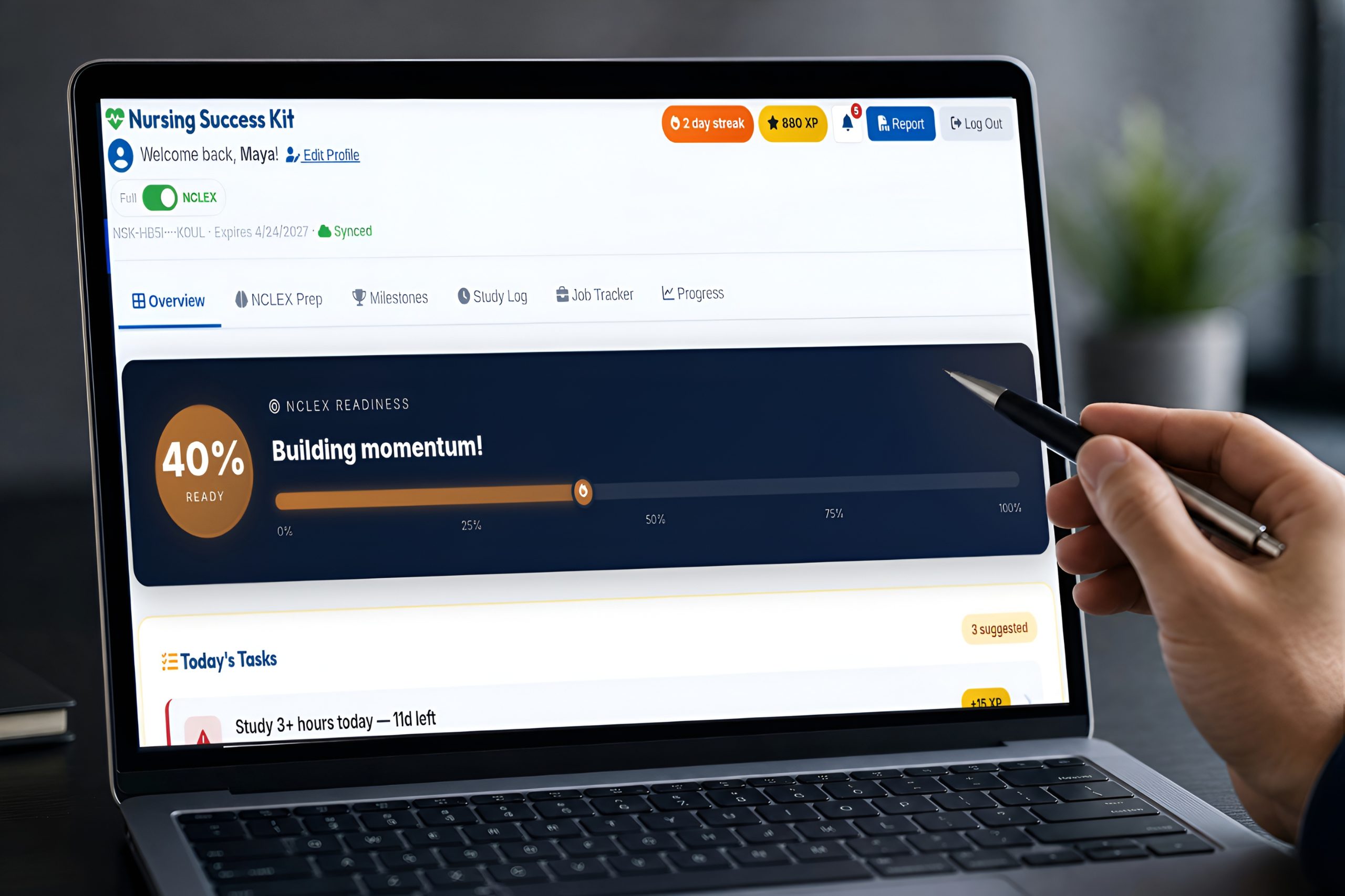 Laptop dashboard showing an increased-NCLEX ready score 