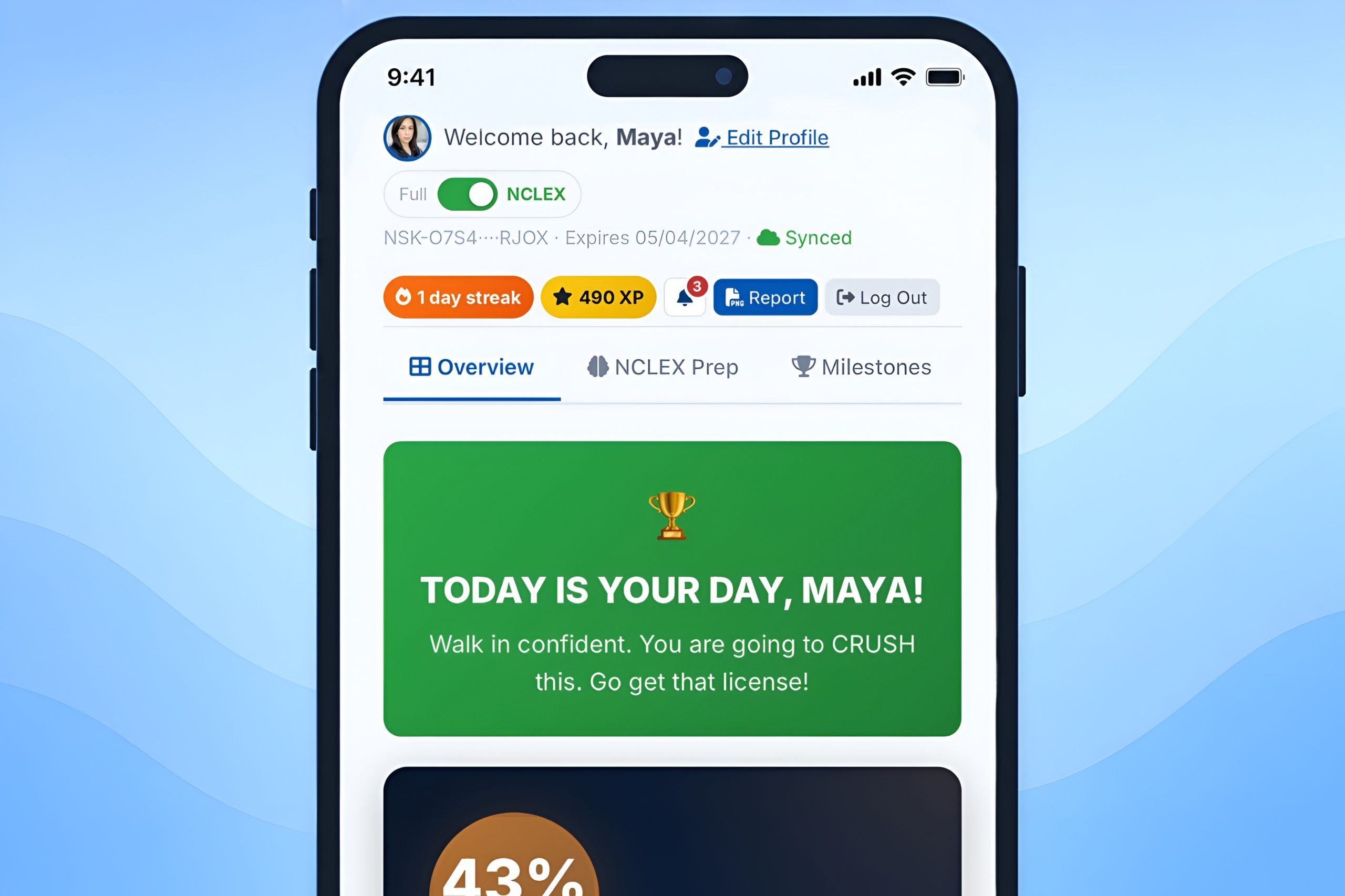 mobile dashboard showing an increased-NCLEX ready score 