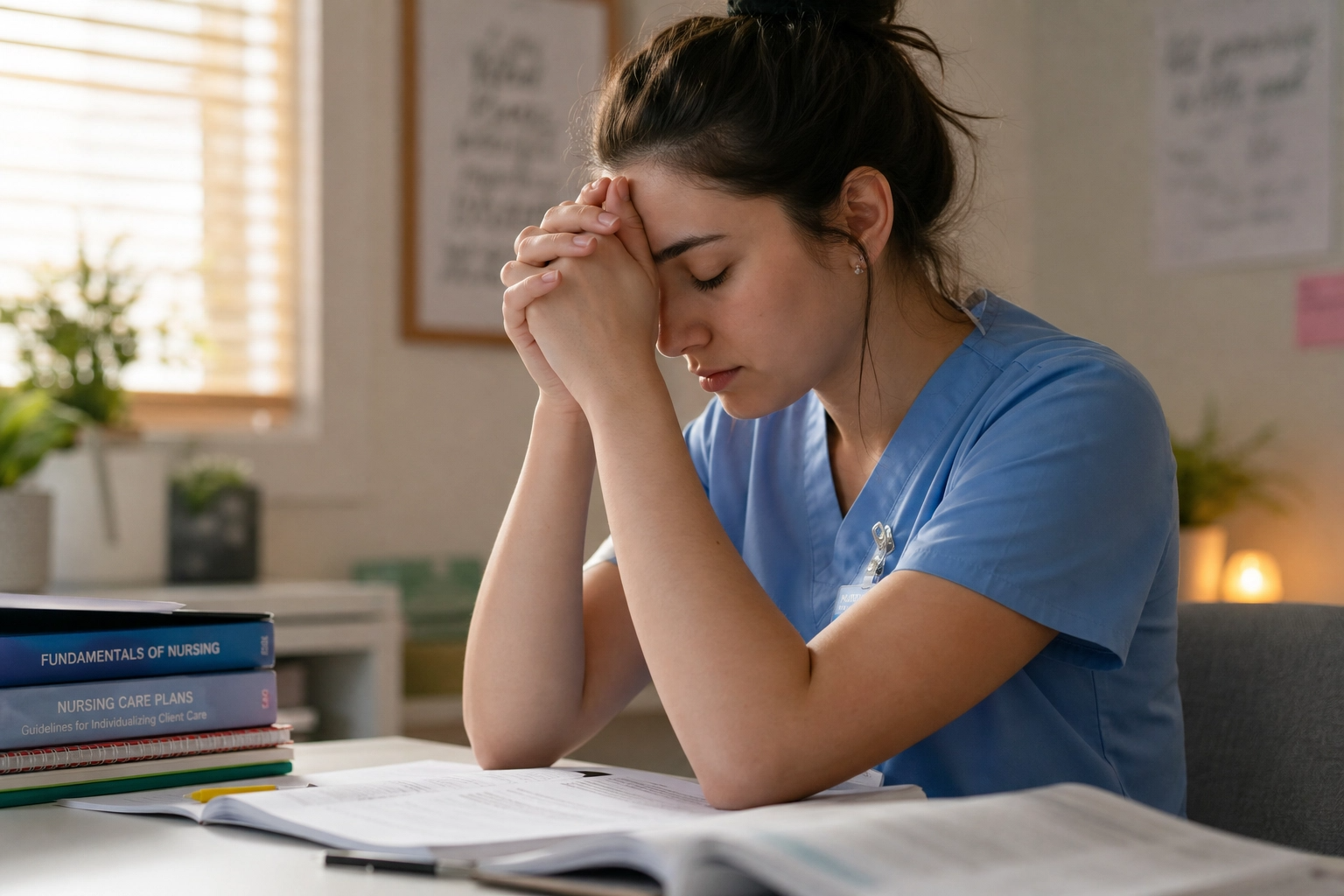 Nursing student pausing to manage NCLEX test anxiety while studying at her desk.