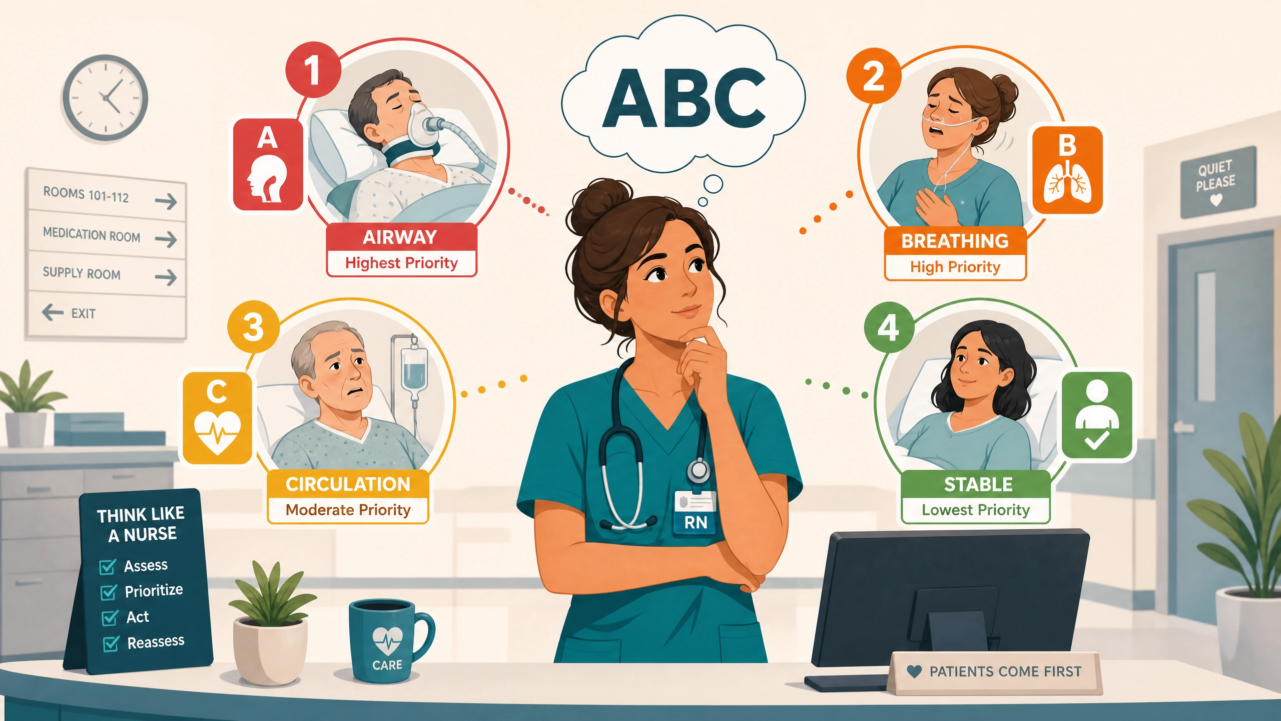 Nurse using ABC and Maslow prioritization frameworks to think like a nurse on NCLEX questions