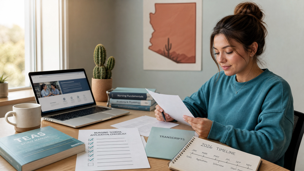 Pre-nursing student organizing her 2026 nursing admission requirements for Arizona schools at her study desk
