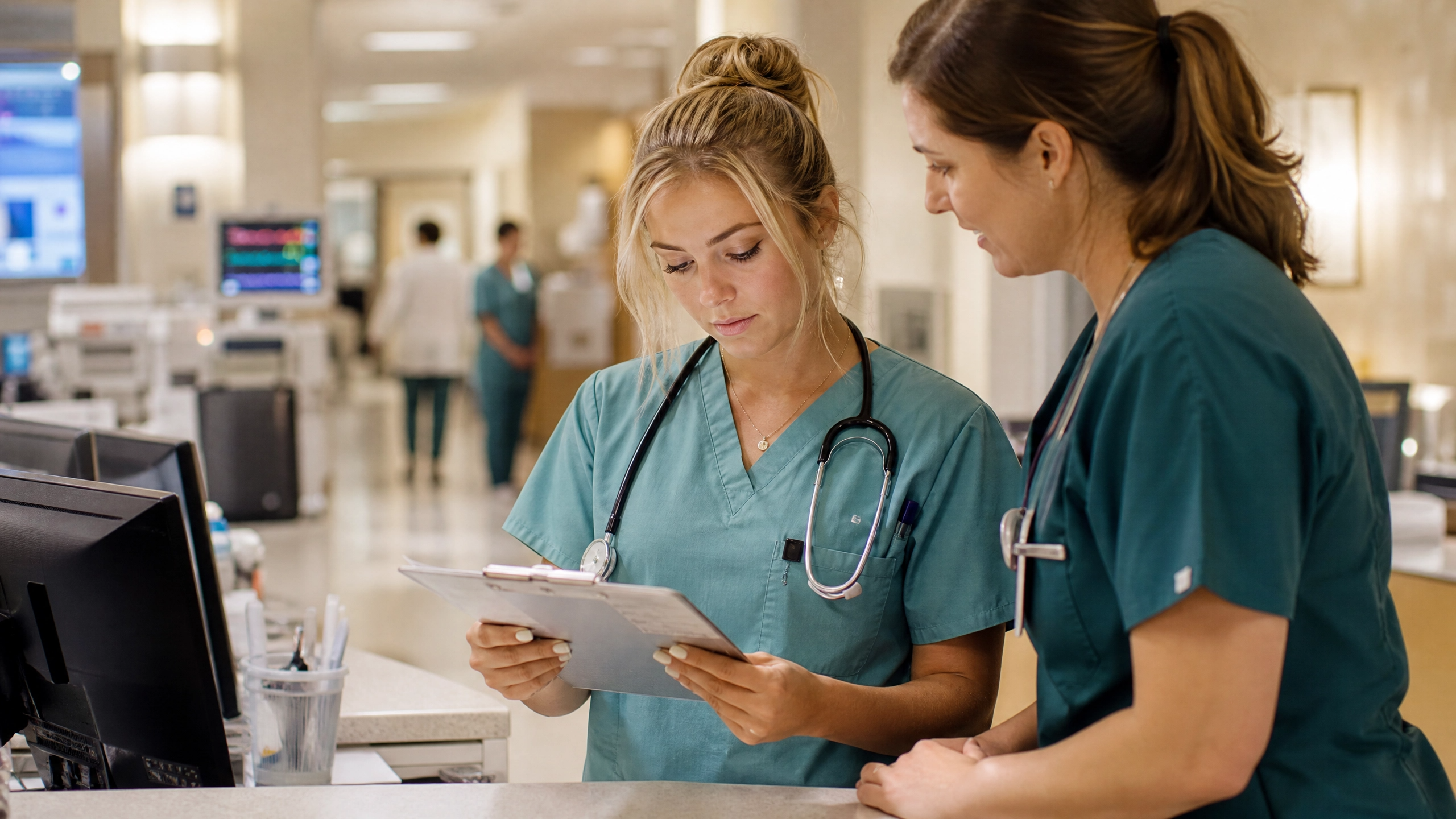 Nursing student arriving prepared for a clinical rotation while receiving guidance from a preceptor