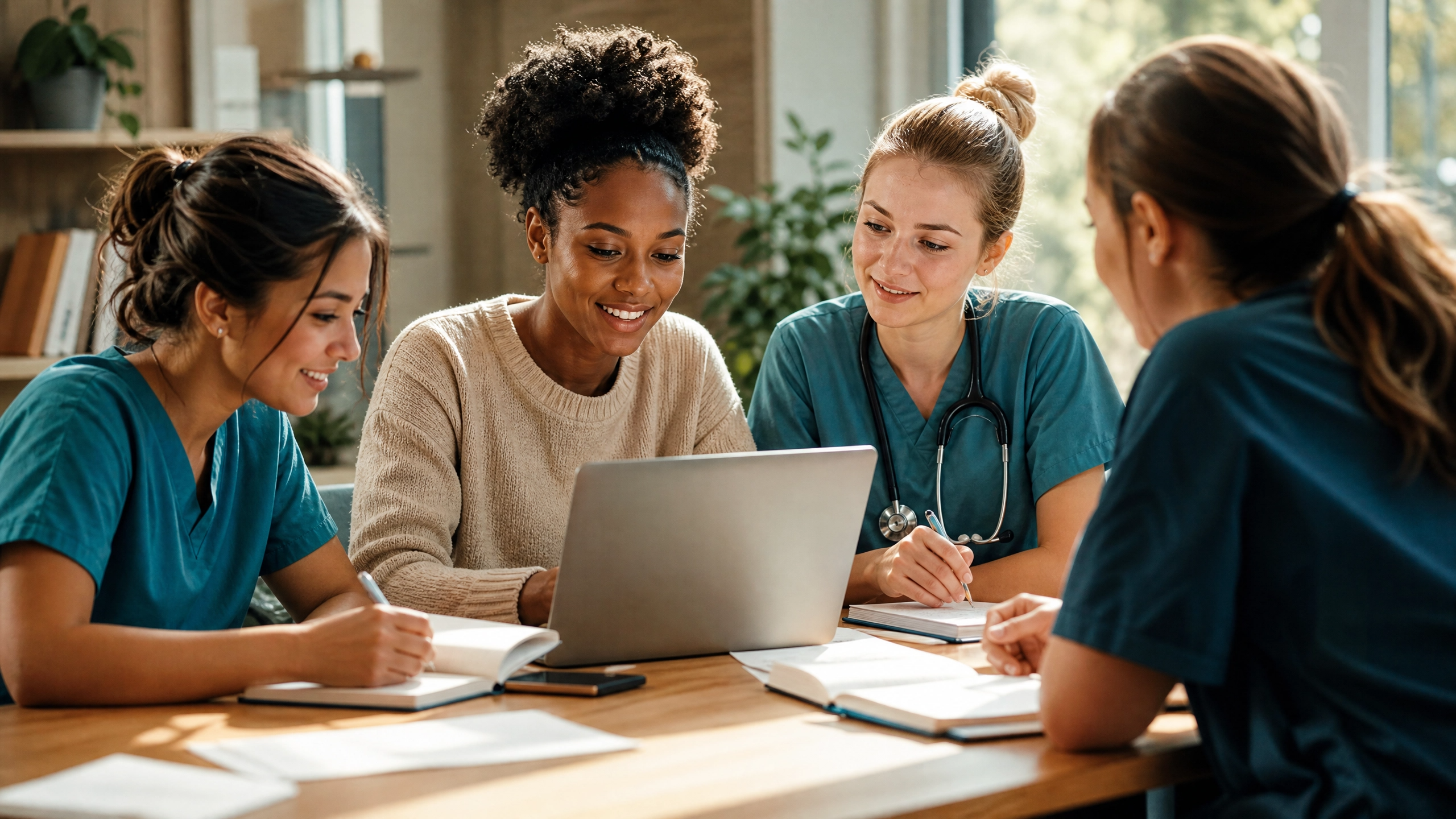 Nursing students collaborating in a study group as part of a strong support system to avoid struggling alone