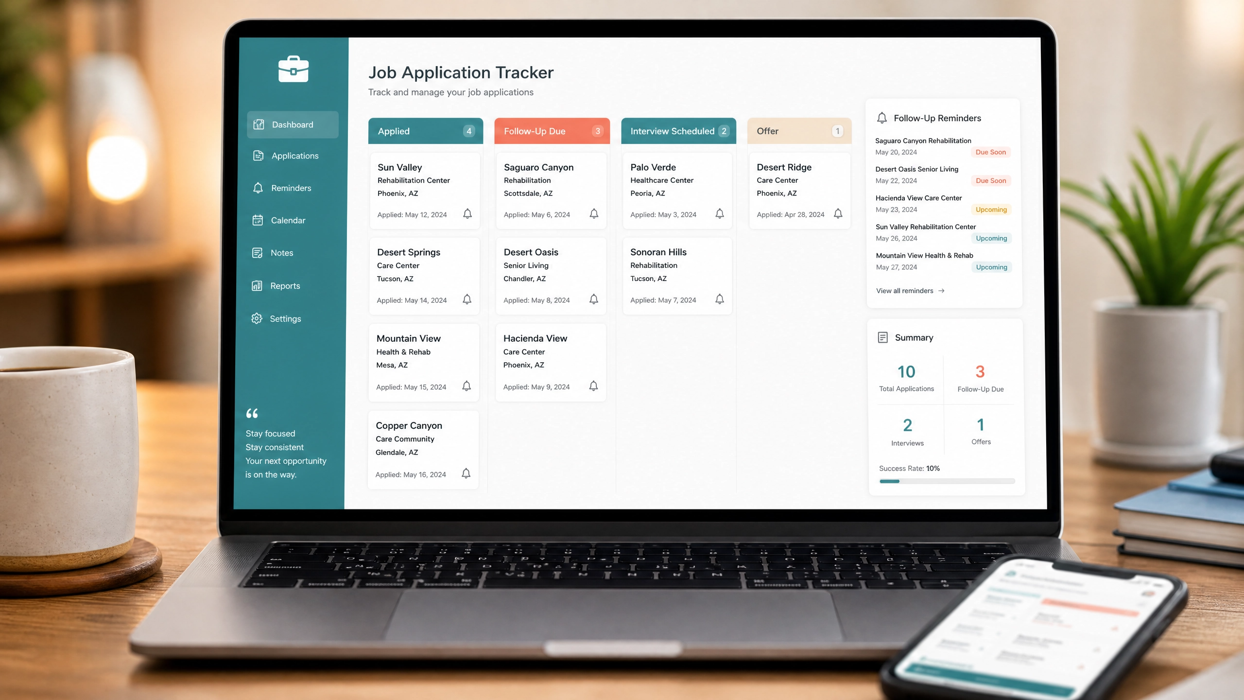 Nursing Success Kit Job Application Tracker dashboard for organizing Arizona CNA job applications and follow-ups