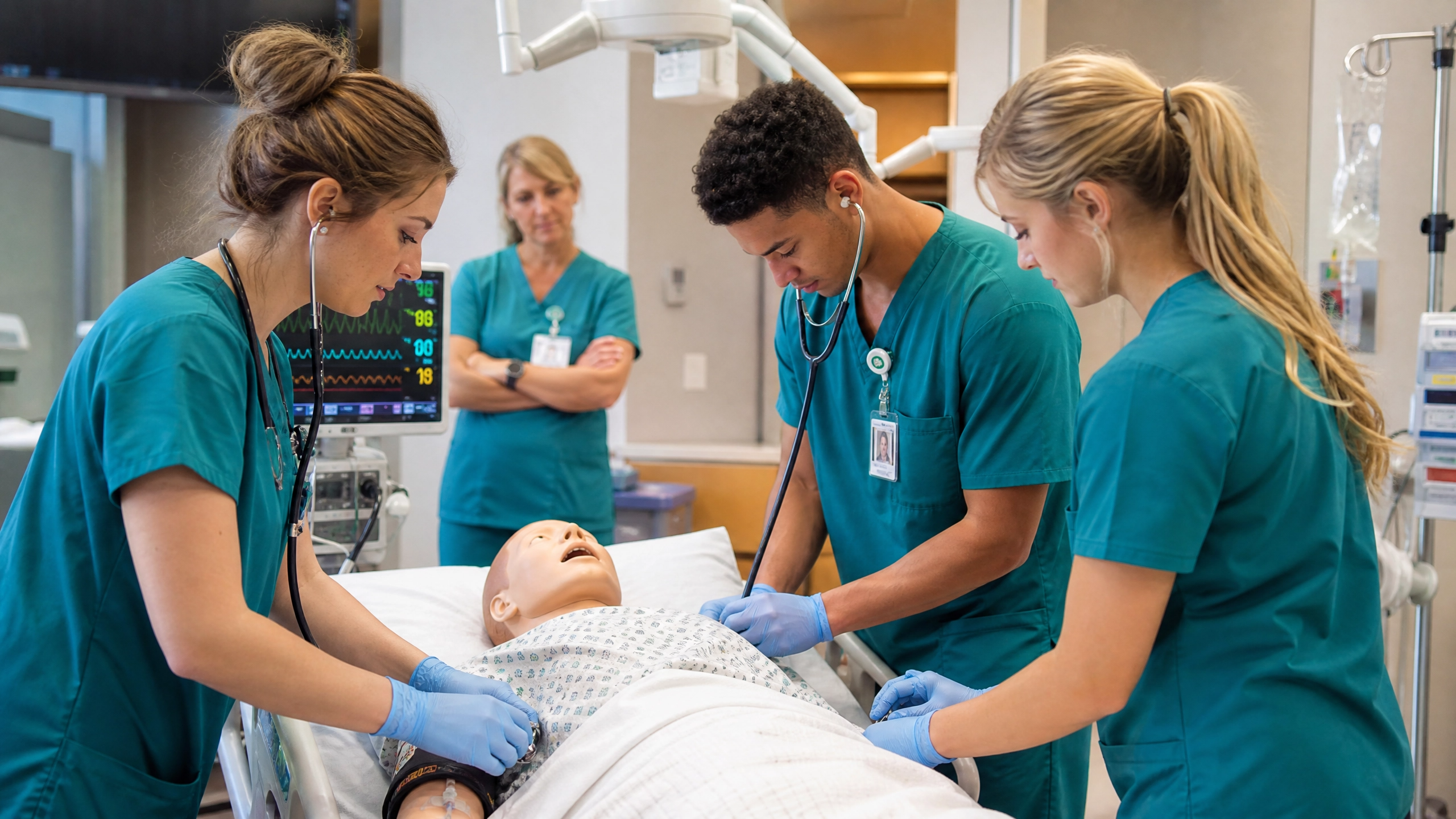 Nursing students practicing skills on a high-fidelity simulator in a Phoenix BSN program simulation lab