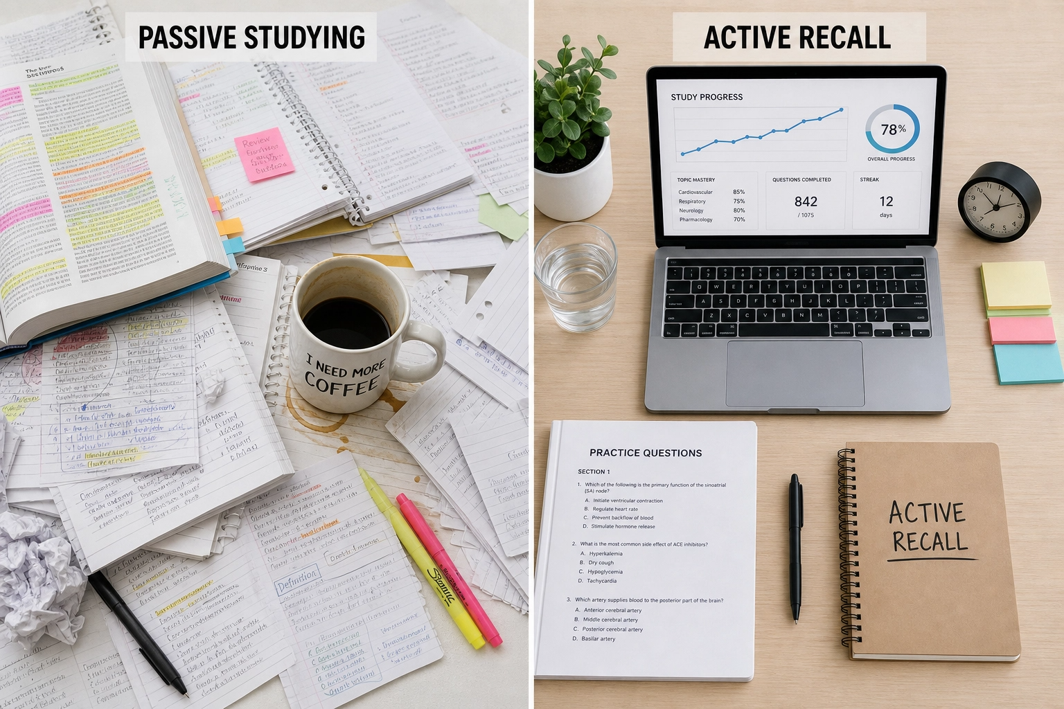  Side-by-side comparison of cluttered passive studying versus organized active recall NCLEX prep methods.