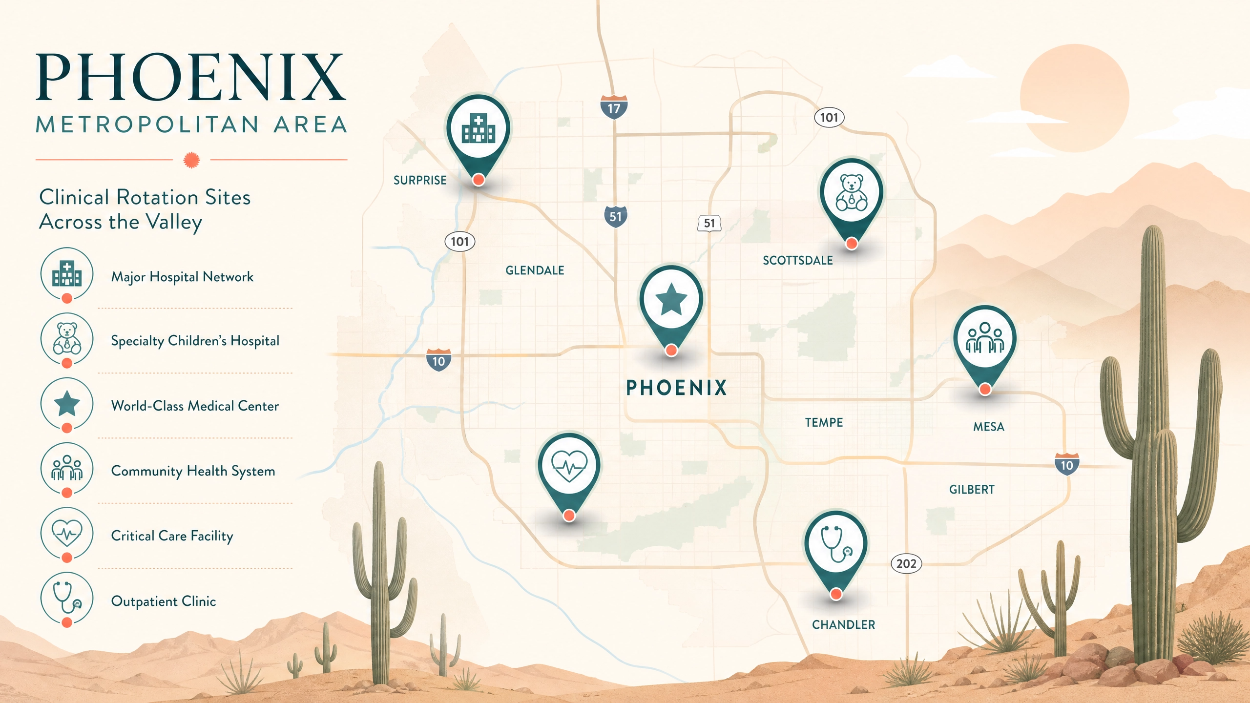 Illustrated Phoenix map showing the diverse clinical rotation hospital partner categories for nursing students
