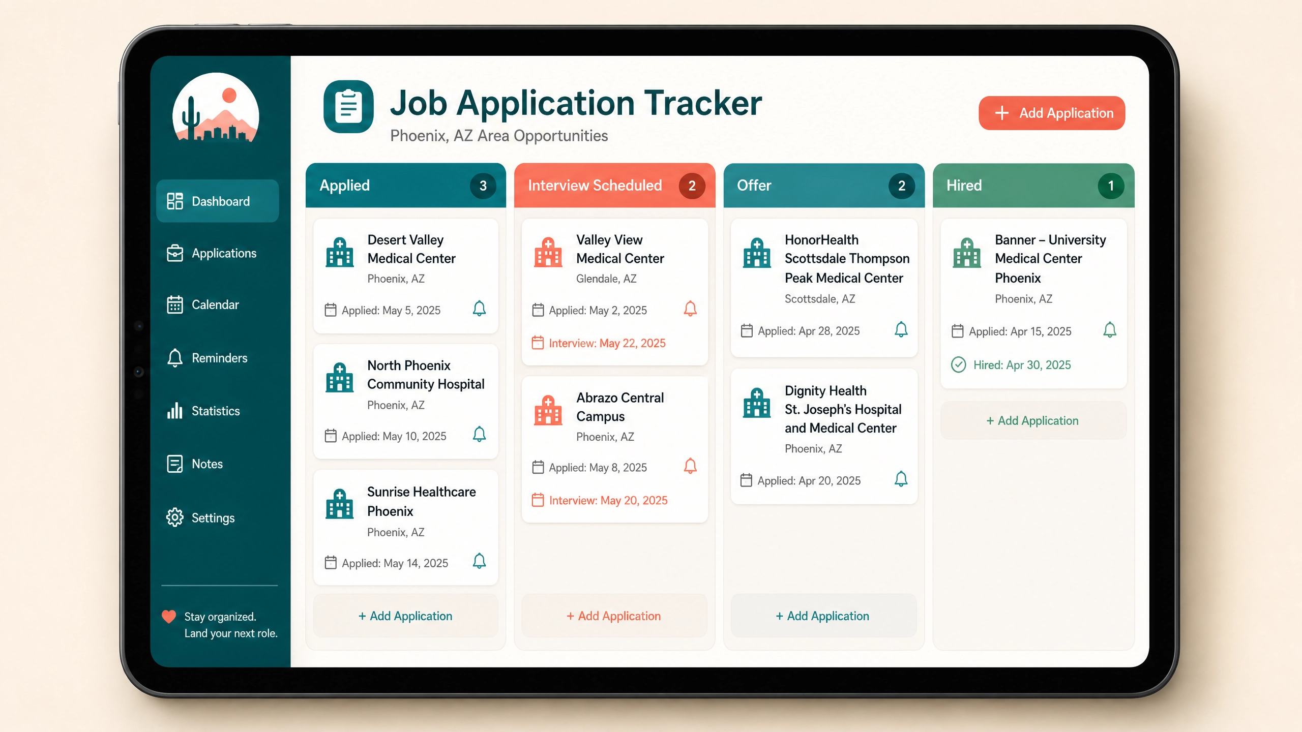 Job Application Tracker dashboard helping Phoenix BSN graduates organize applications to local hospitals