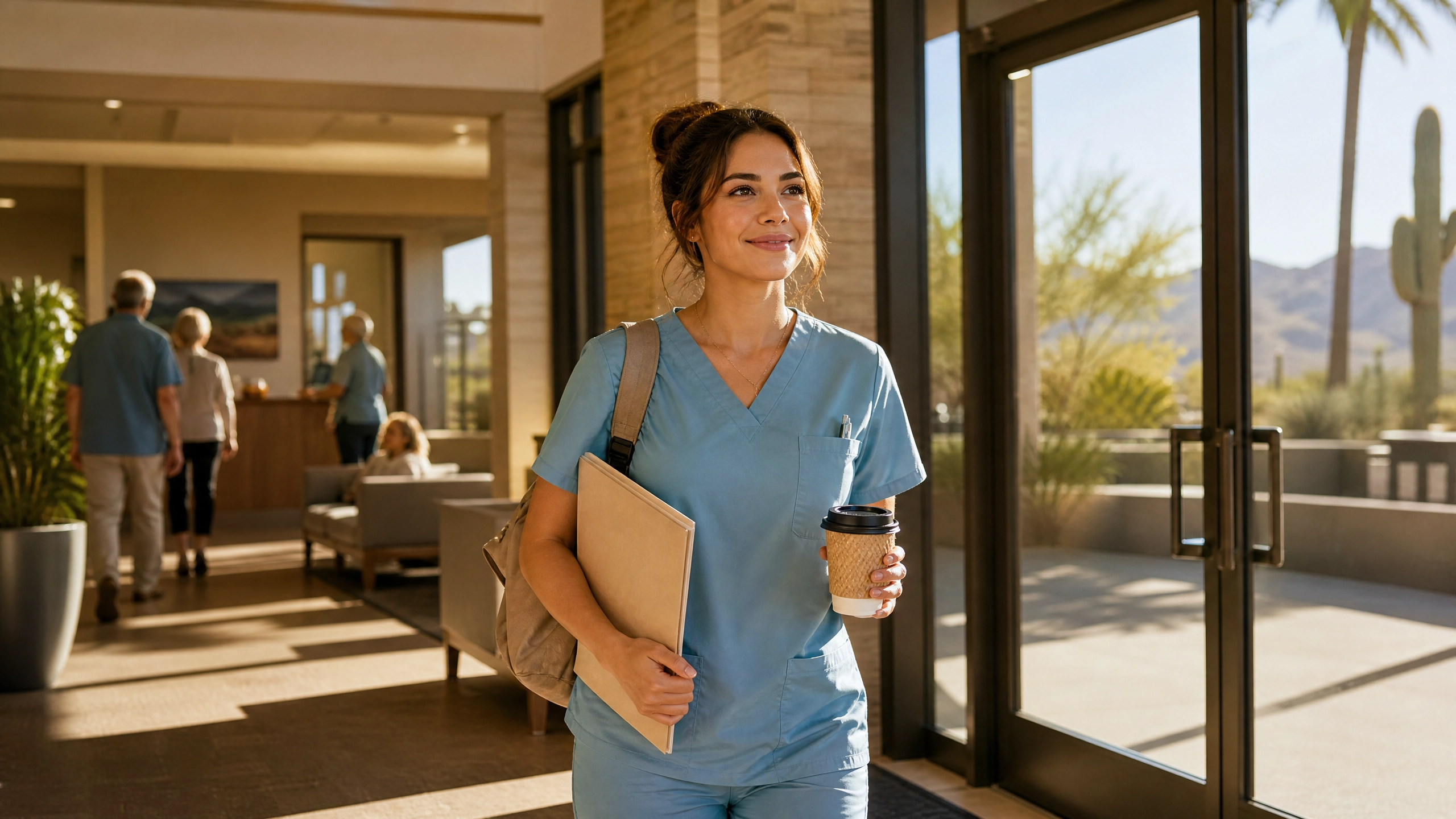 New CNA walking into a Scottsdale healthcare facility to start her meaningful nursing career