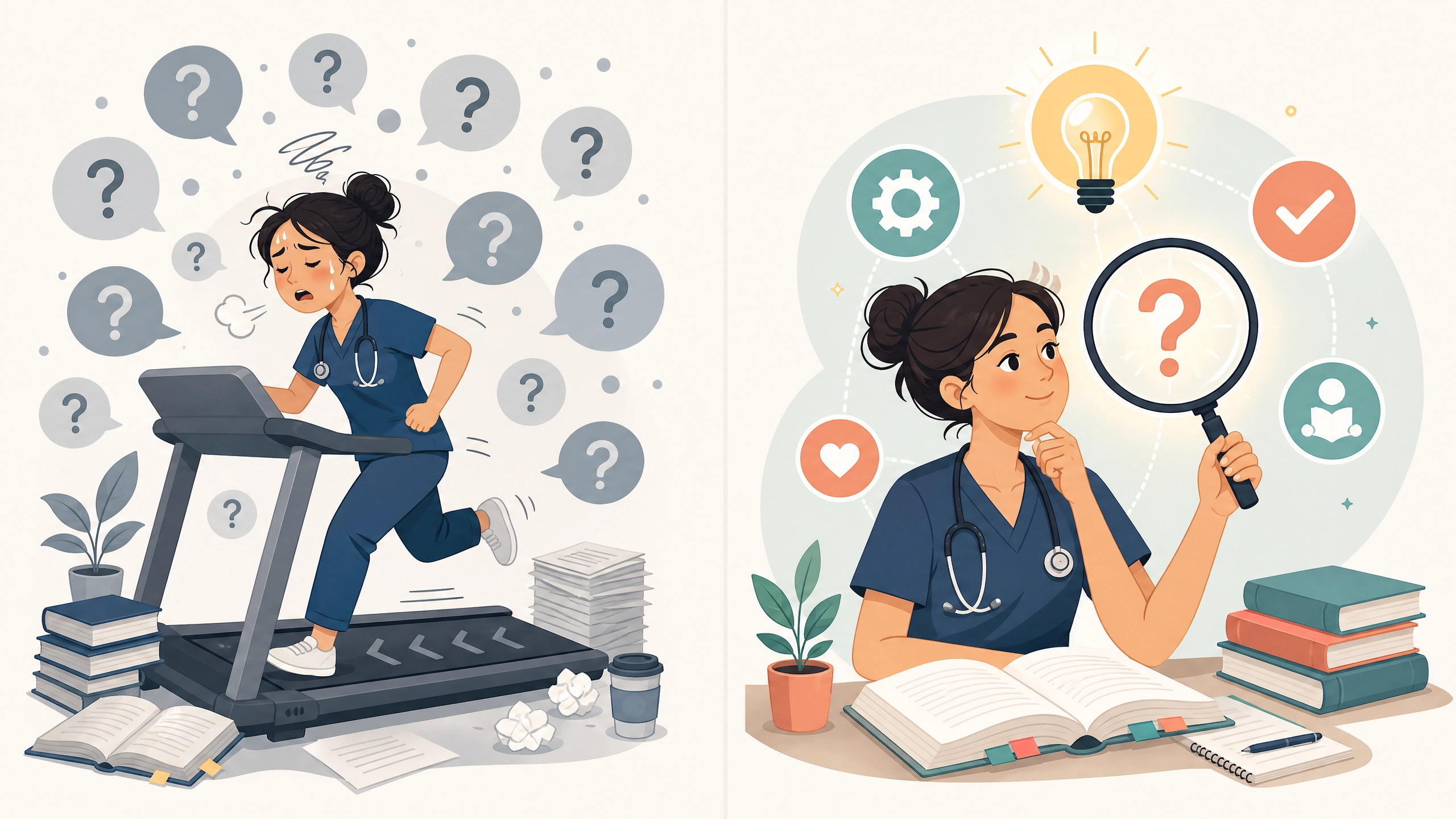 Illustration contrasting mindless practice question drilling versus deep analysis after every NCLEX question