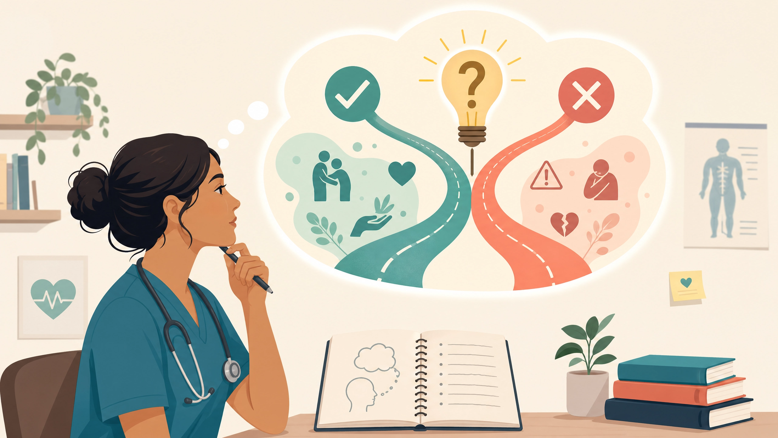 Nursing student practicing metacognition by reflecting on why an answer was right or wrong on an NCLEX practice question Nursing student practicing metacognition by reflecting on why an answer was right or wrong on an NCLEX practice question