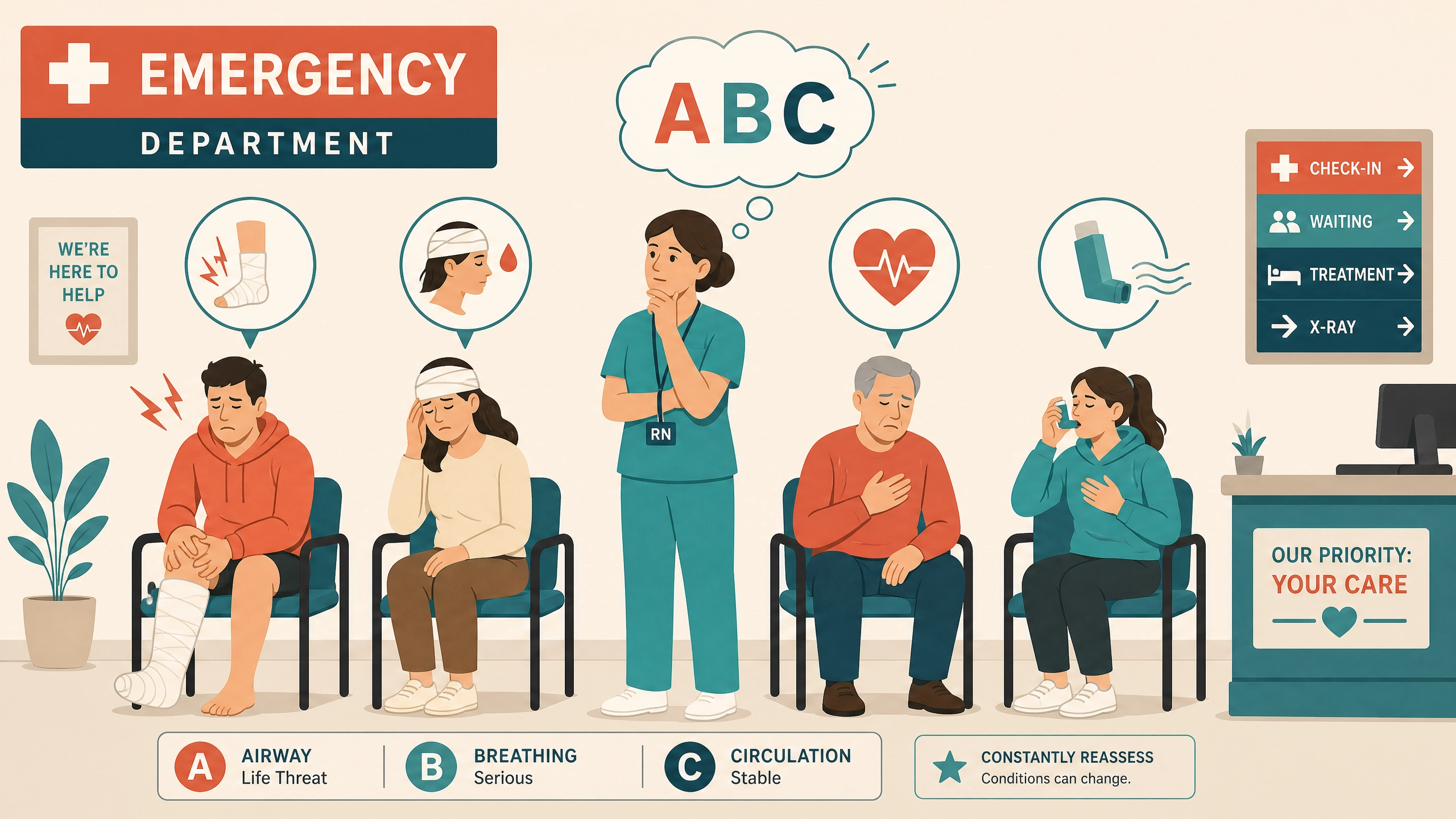 Emergency department prioritization scenario showing four patients to demonstrate the 4-step NCLEX question analysis