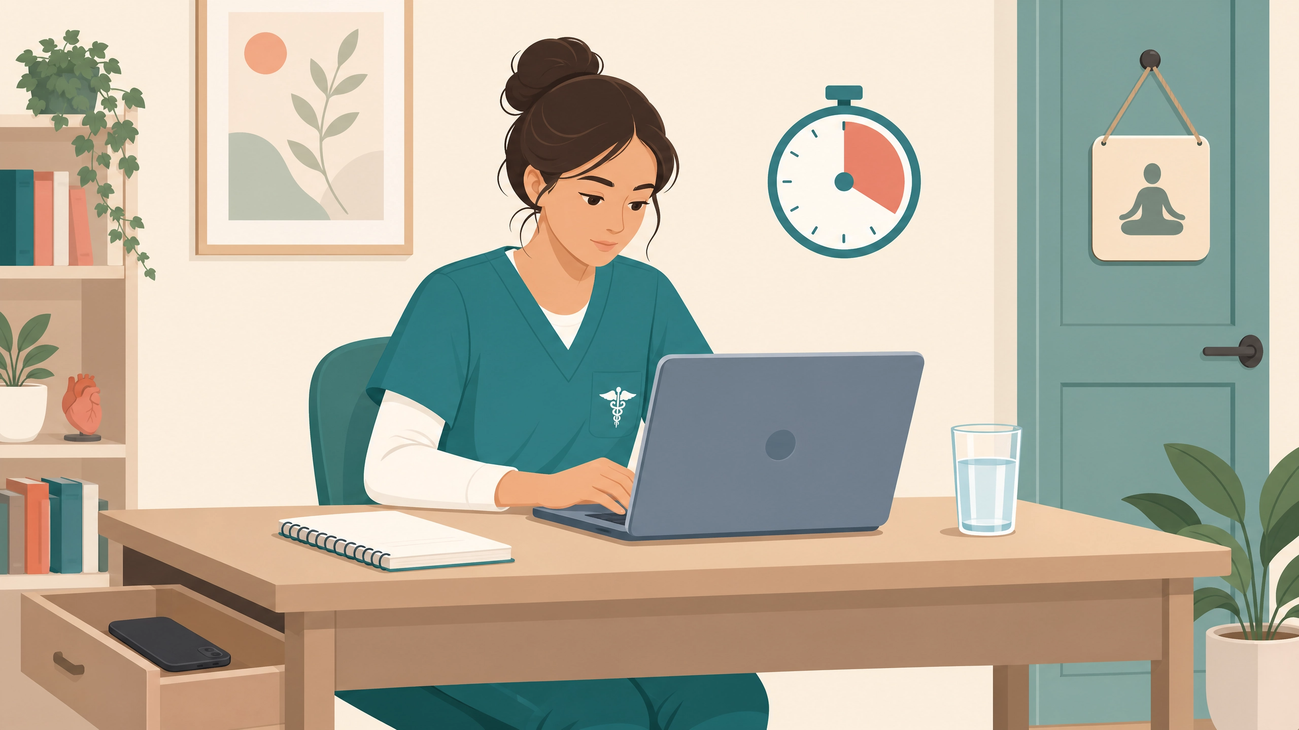 Nursing student simulating real NCLEX exam conditions with a timer and phone out of reach for strategic practice