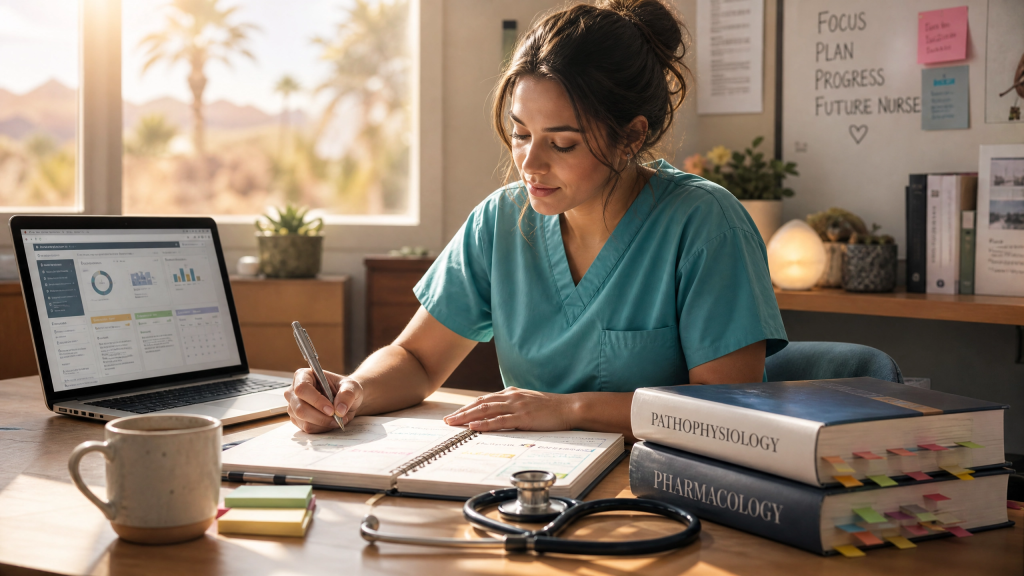 Nursing student regaining control with a study plan after struggling in nursing school in Arizona