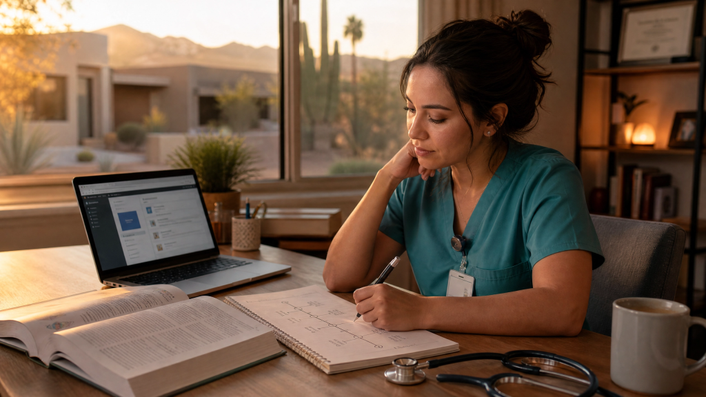 Working Arizona RN advancing her ADN credential to BSN through an accelerated bridge program after her shift