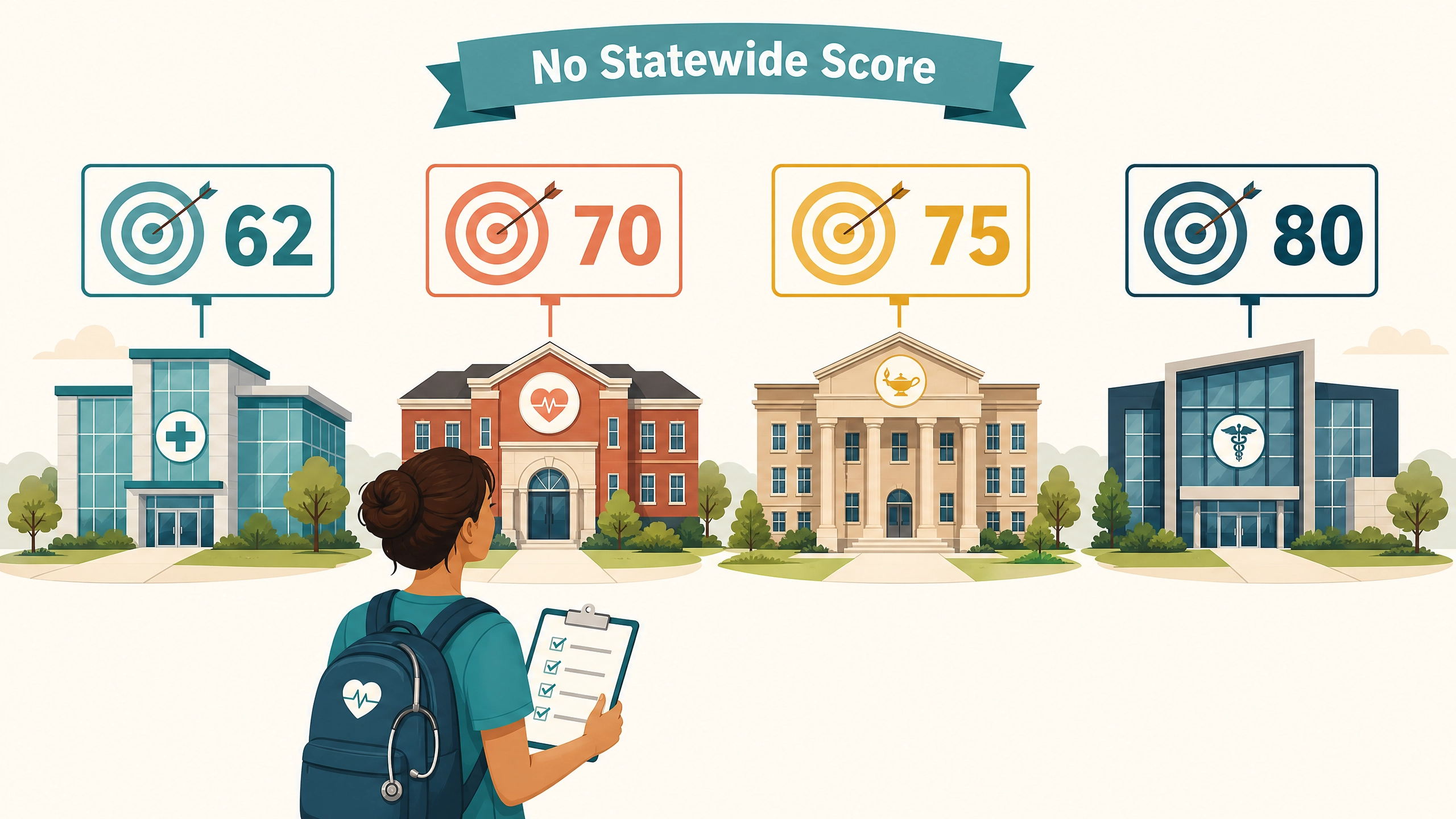 Illustration showing how TEAS score requirements vary across different Arizona nursing schools rather than a single statewide standard