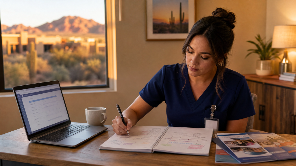 Arizona Certified Medical Assistant planning her transition to Registered Nurse after her clinic shift