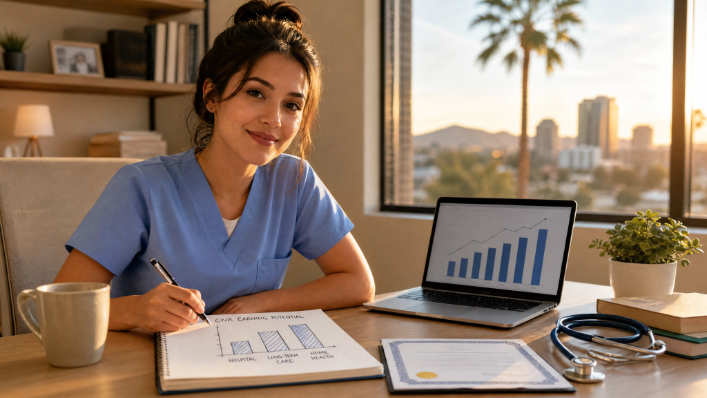 Certified nursing assistant reviewing her Arizona CNA salary potential and career launchpad strategy