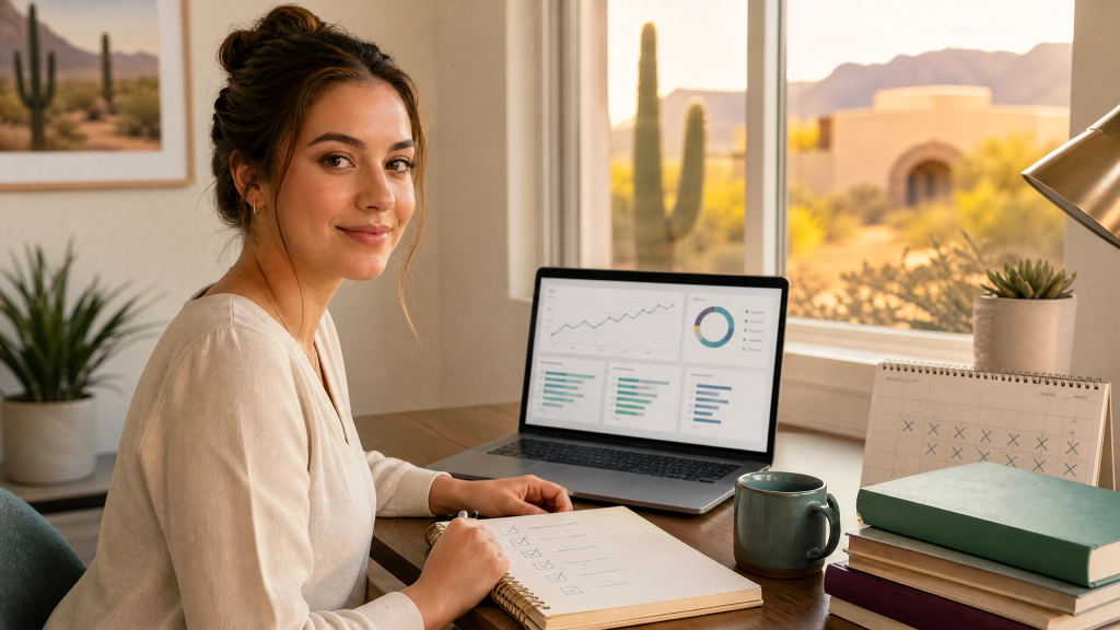 Arizona nursing graduate calmly reviewing her NCLEX readiness data against a five-sign readiness checklist