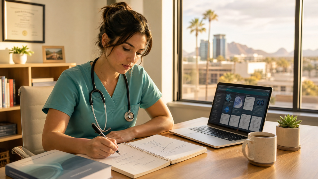 Critical care nurse reviewing her career trajectory and CCRN preparation materials in Arizona