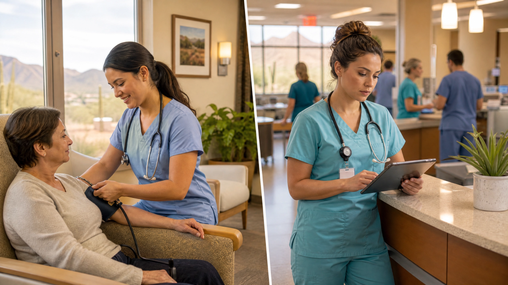 Split-screen comparison of a Licensed Practical Nurse and a Registered Nurse working in their respective roles in Arizona