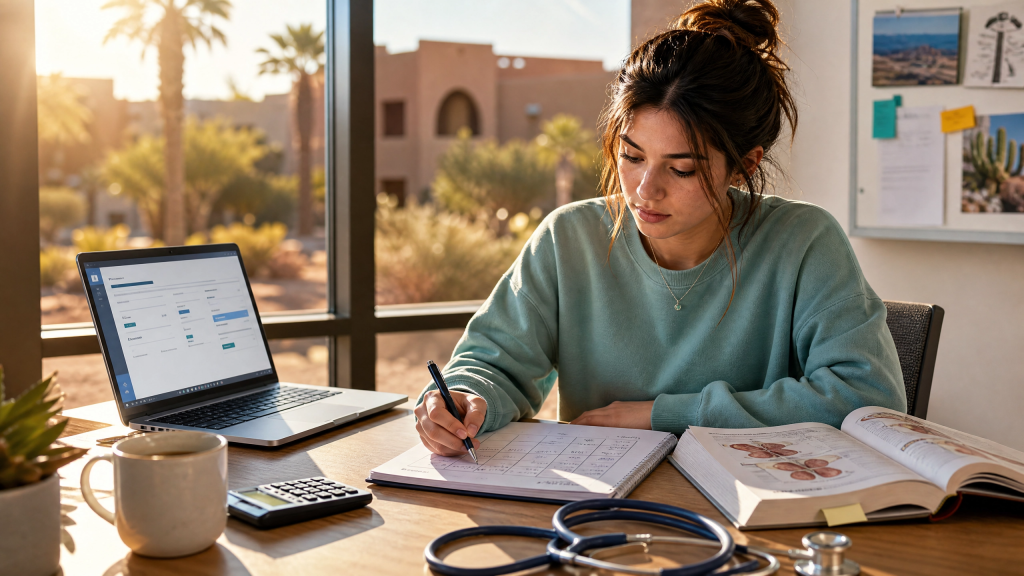 Pre-nursing student strategically planning her Mesa Community College nursing application without aiming for a 4.0