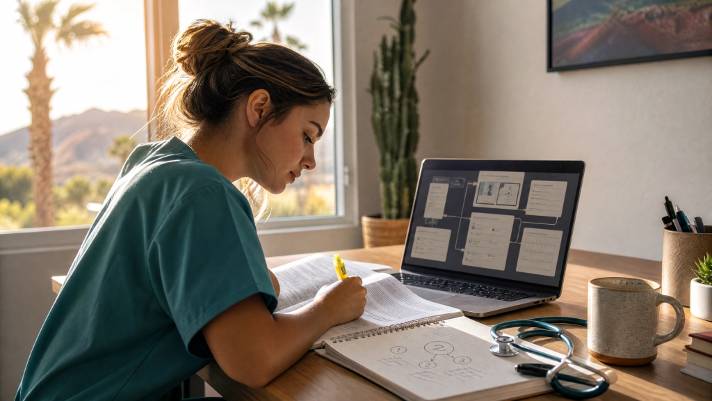 Nursing student methodically deconstructing an NCLEX case study using a 3-step analytical strategy