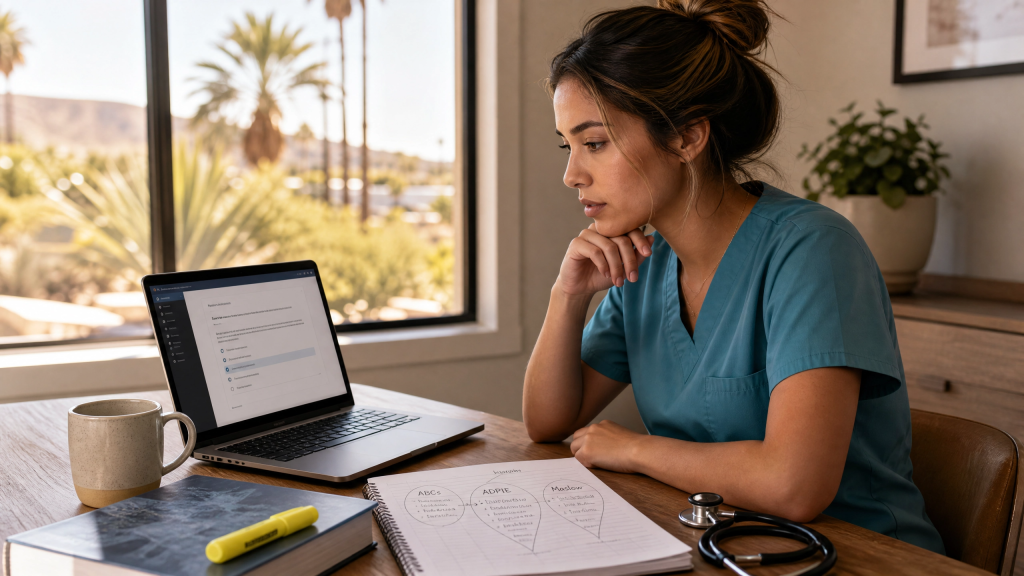 Visual header for frequently asked questions about NCLEX question strategy and Arizona requirements