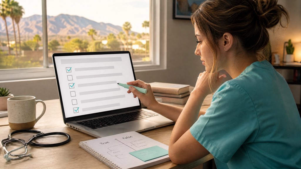 Nursing student methodically evaluating each NCLEX SATA question option using the True/False decision method