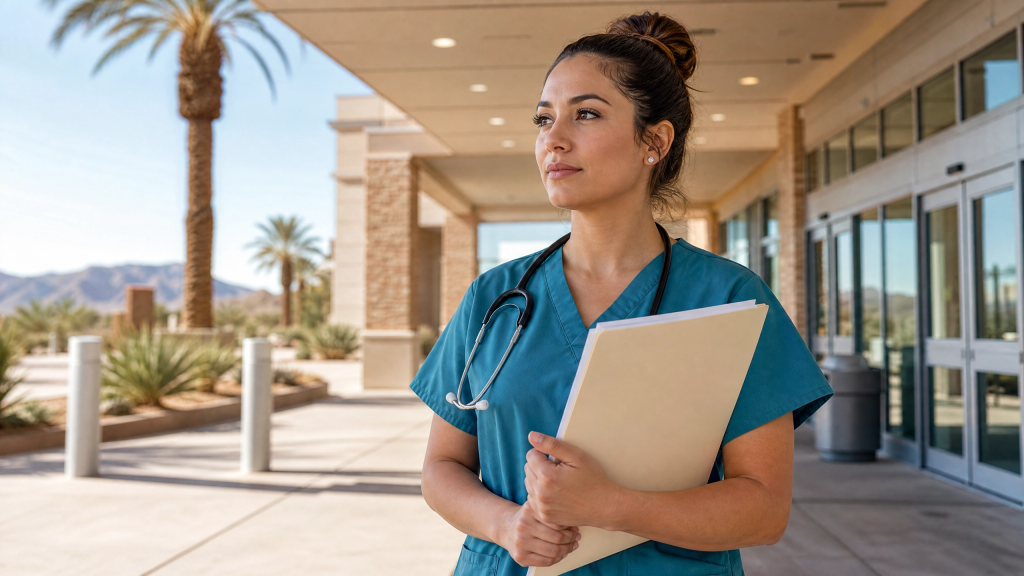 New graduate nurse arriving at an Arizona hospital with application materials in hand