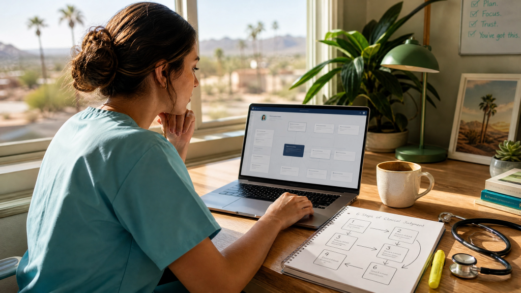 Nursing student working through a Next Gen NCLEX case study using the clinical judgment framework