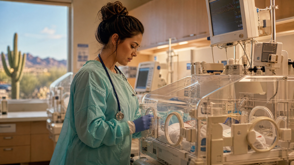 NICU nurse providing specialized neonatal critical care at her Arizona hospital