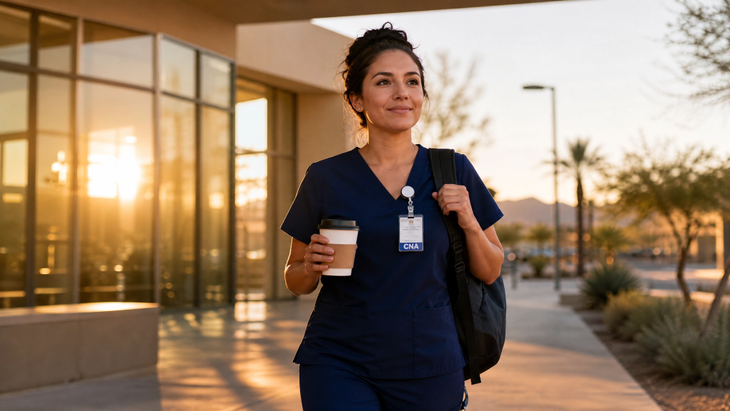 Arizona Certified Nursing Assistant working night shift at her hospital corridor with composed professional focus
