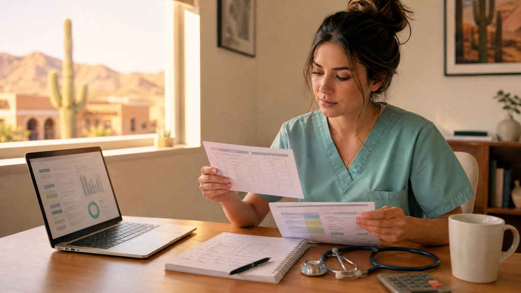 Arizona registered nurse reviewing her hourly pay breakdown including base rate, shift differentials, and overtime