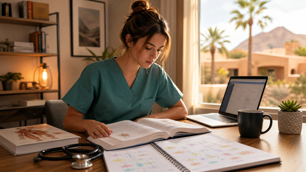 Pre-nursing student mapping out her complete Arizona nursing school curriculum from prerequisites through NCLEX-RN preparation