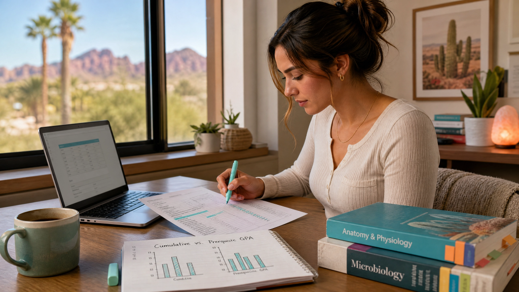 Pre-nursing applicant calculating her prerequisite GPA to meet Arizona nursing school admission requirements