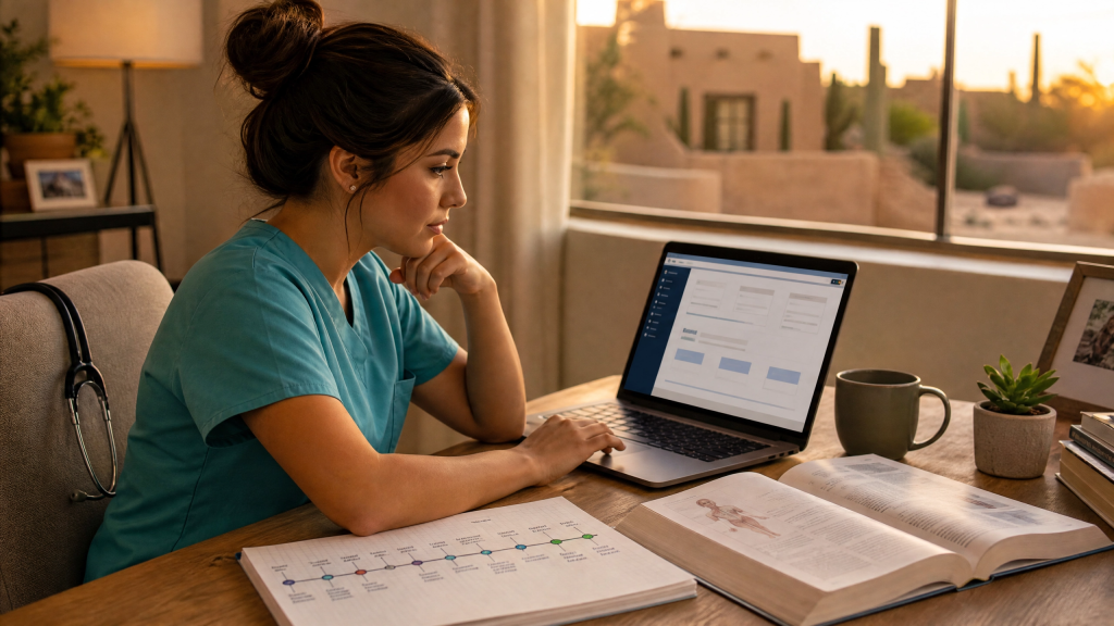Working RN advancing her career through an online BSN program in Arizona after her shift