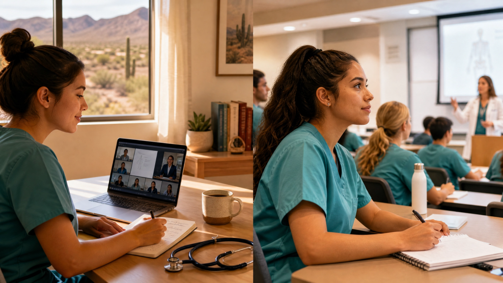 Split-screen comparison of an online nursing student studying at home and a traditional nursing student in a campus classroom in Arizona