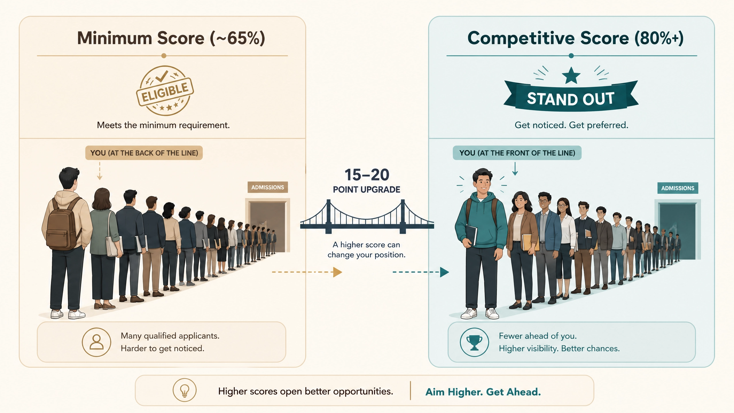 Comparison showing the difference between a minimum passing TEAS score and a competitive 80 percent score for Arizona nursing admissions