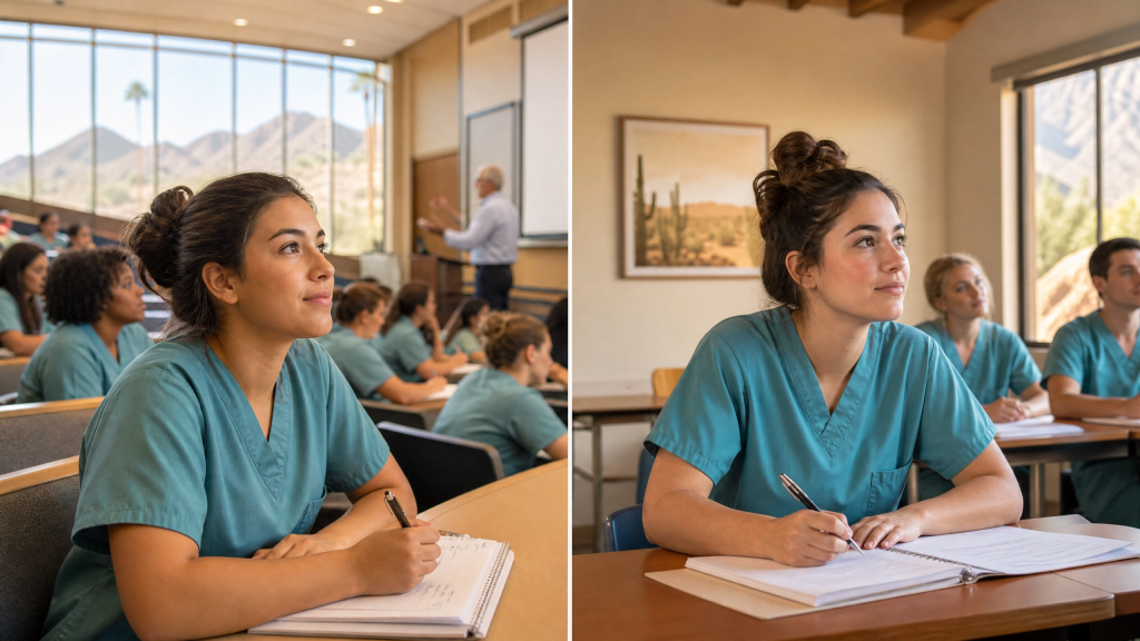Split-screen comparison of a public community college nursing class and a private nursing school class in Arizona