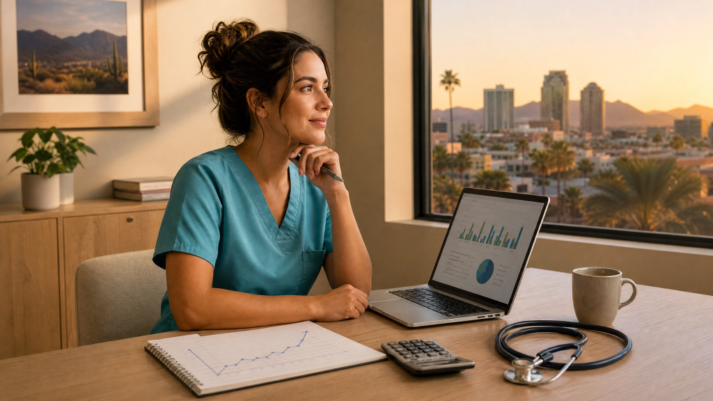 Registered nurse reviewing her Arizona salary potential and long-term career earnings trajectory