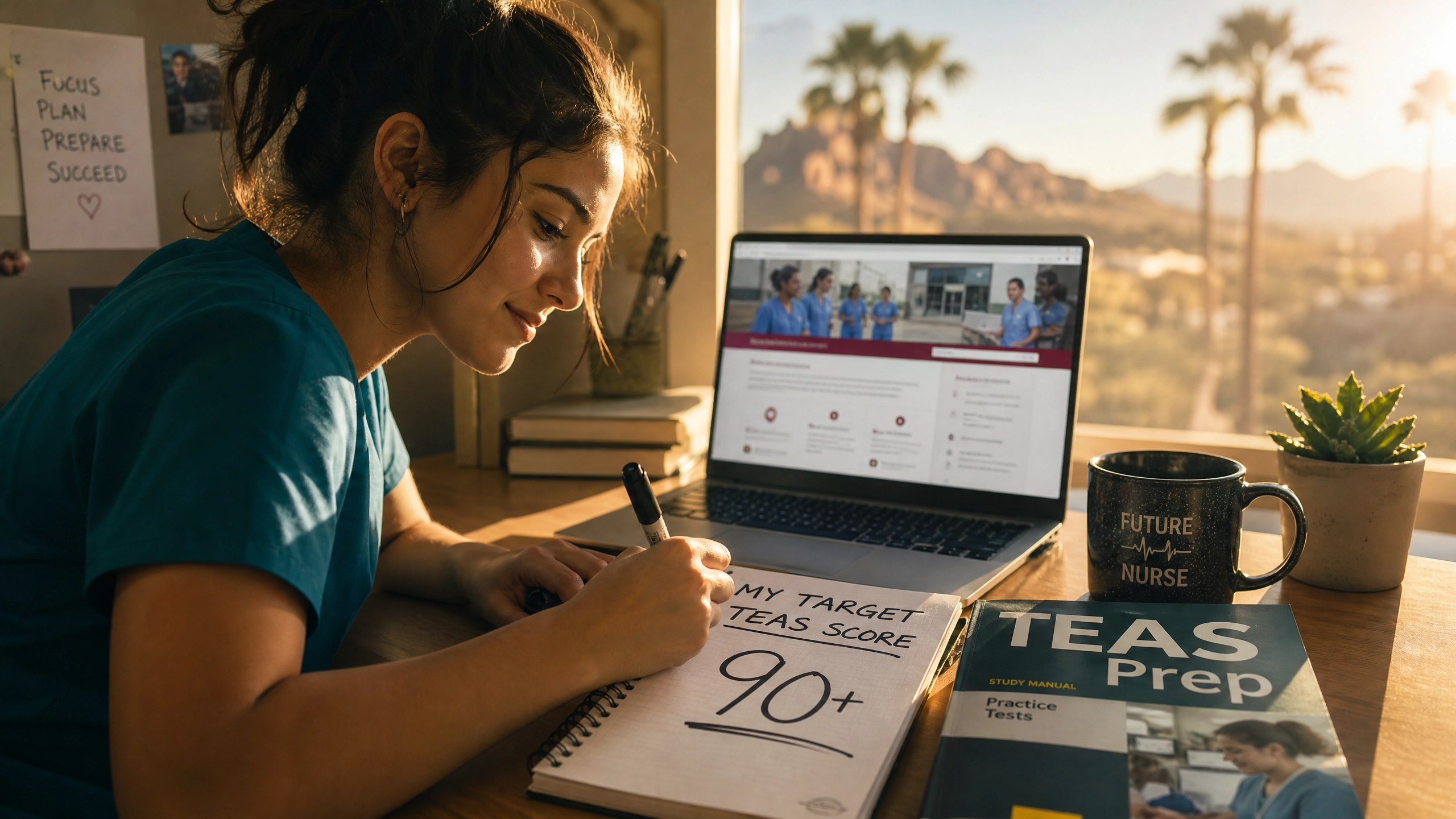 Pre-nursing student writing down her target TEAS score after researching Arizona nursing school requirements