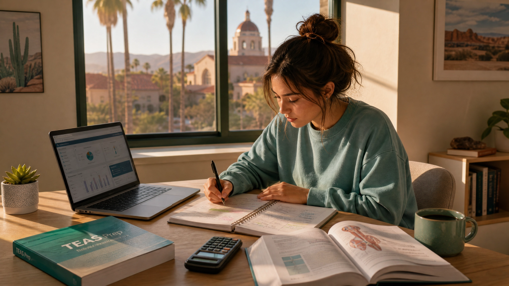 Pre-nursing student studying strategically for the TEAS exam to meet Arizona nursing school requirements