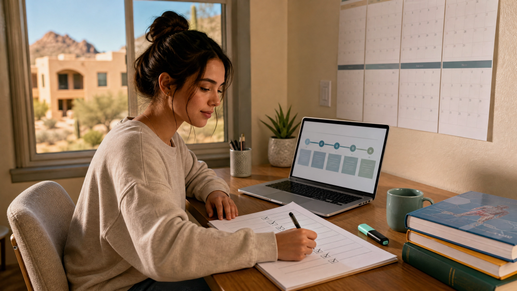 Aspiring Arizona nursing student mapping her multi-phase checklist from prerequisites through NCLEX to her first RN job