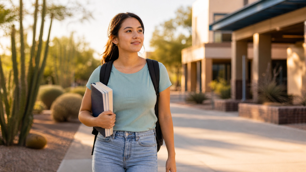 Pre-nursing student walking across an Arizona community college campus where she is completing her prerequisites affordably