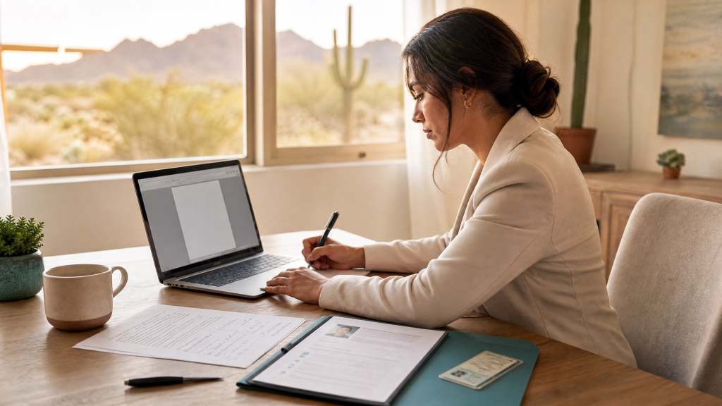 CNA candidate carefully writing a tailored cover letter for an Arizona hospital job application